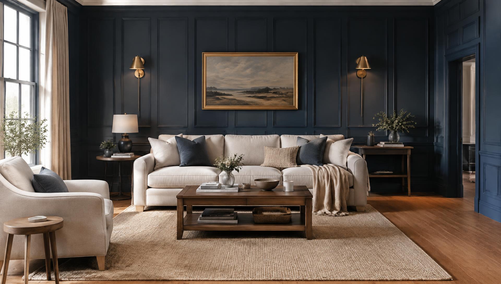 Living room with navy shaker wall panelling